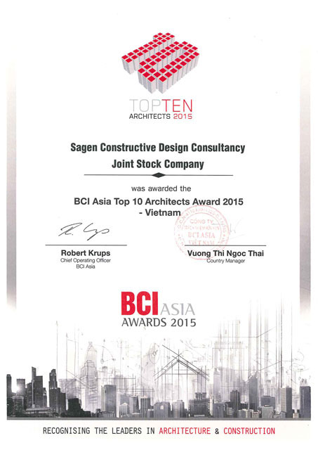 Sagen được công nhận BCI Asia Top 10 Architect Awards 2015