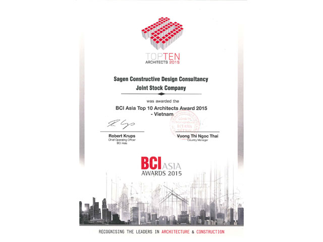 2/2/2015 - Sagen được công nhận BCI Asia Top 10 Architect Awards 2015