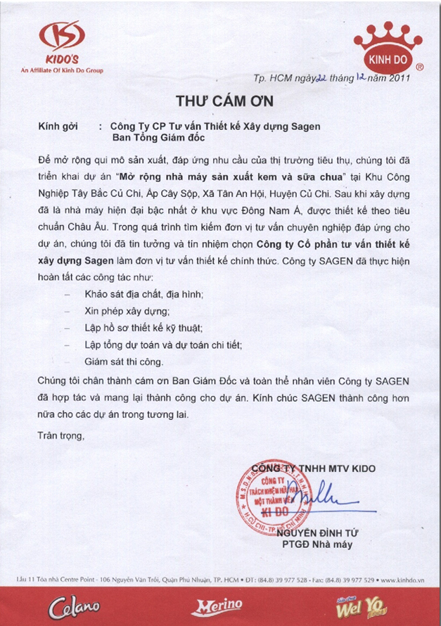 THƯ CẢM ƠN TỪ BAN LÃNH ĐẠO KIDO FACTORY